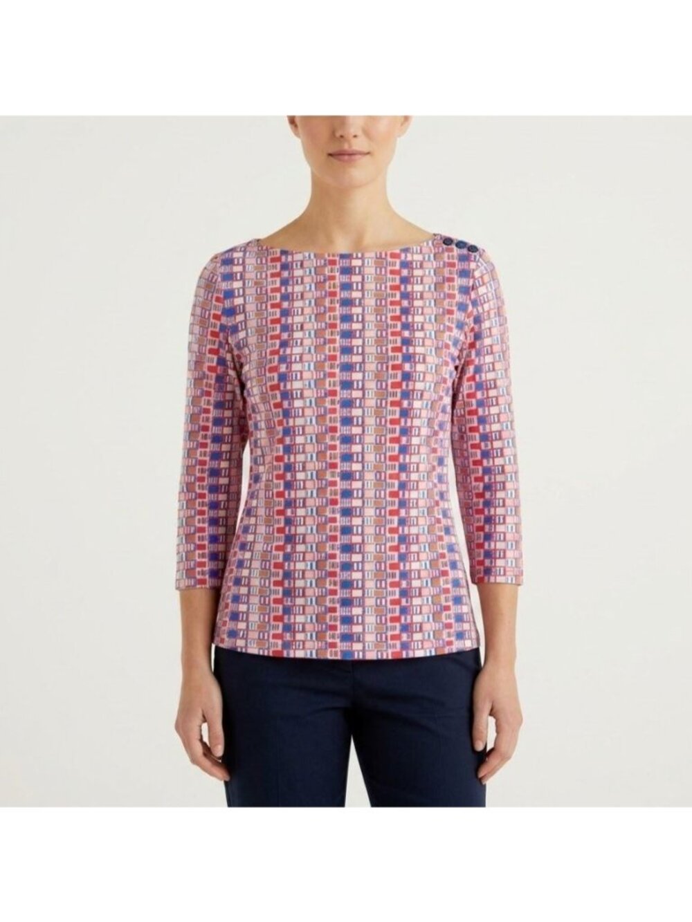 J. McLaughlin Size S Geometric Print Catalina Cloth 3/4 Sleeve Boat Neck Top